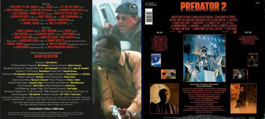 Contraportadas y listados de temas de las ediciones en CD de Predator 2 de Alan Silvestri